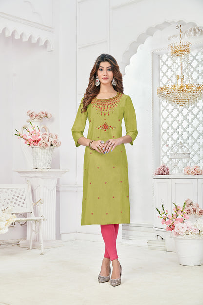 Light Green Pure Viscose Regular Sleeve Round Neck Embroidery With Sequence Work Straight Kurtis