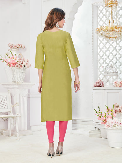 Light Green Pure Viscose Regular Sleeve Round Neck Embroidery With Sequence Work Straight Kurtis