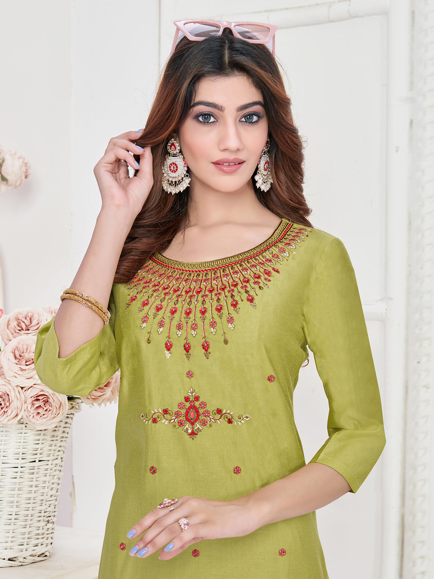 Light Green Pure Viscose Regular Sleeve Round Neck Embroidery With Sequence Work Straight Kurtis