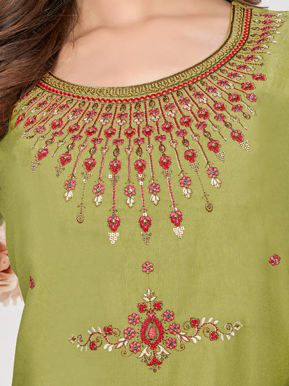 Light Green Pure Viscose Regular Sleeve Round Neck Embroidery With Sequence Work Straight Kurtis