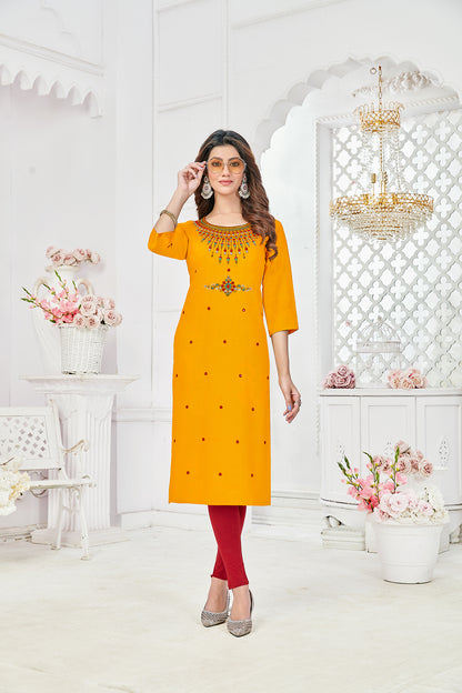 Mustard Pure Viscose  Embroidery With Sequence Work Straight Kurtis