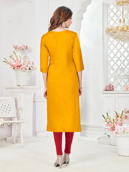 Mustard Pure Viscose  Embroidery With Sequence Work Straight Kurtis