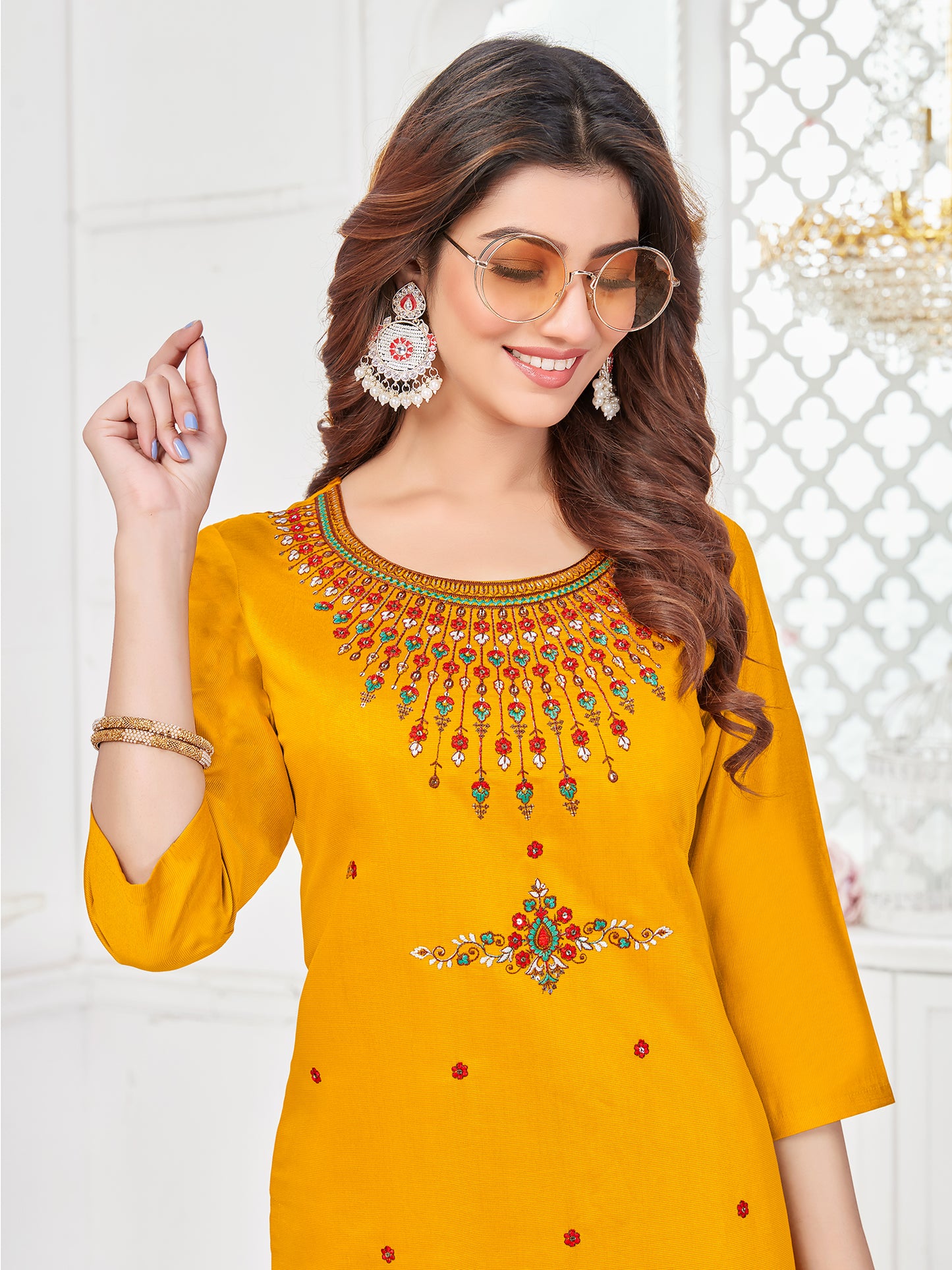 Mustard Pure Viscose  Embroidery With Sequence Work Straight Kurtis