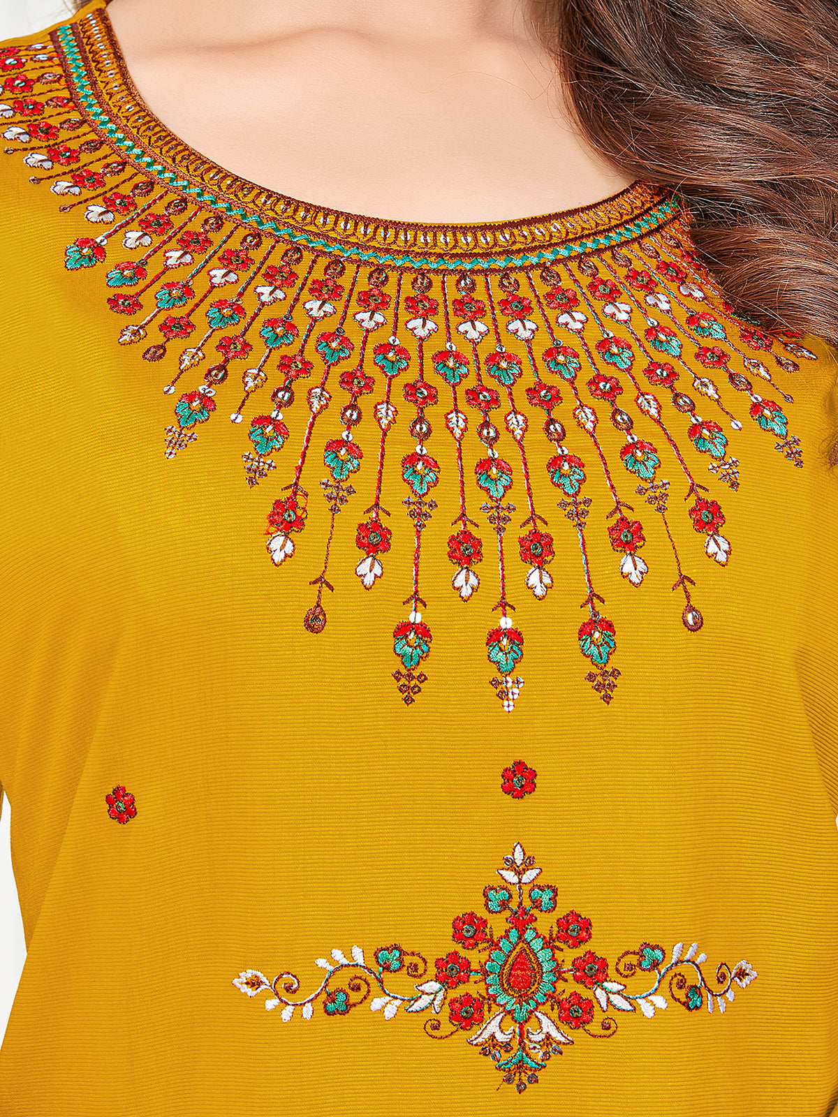 Mustard Pure Viscose  Embroidery With Sequence Work Straight Kurtis