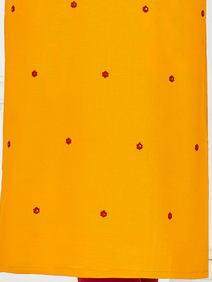 Mustard Pure Viscose  Embroidery With Sequence Work Straight Kurtis