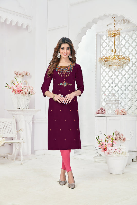 Wine Pure Viscose  Embroidery With Sequence Work Straight Kurtis