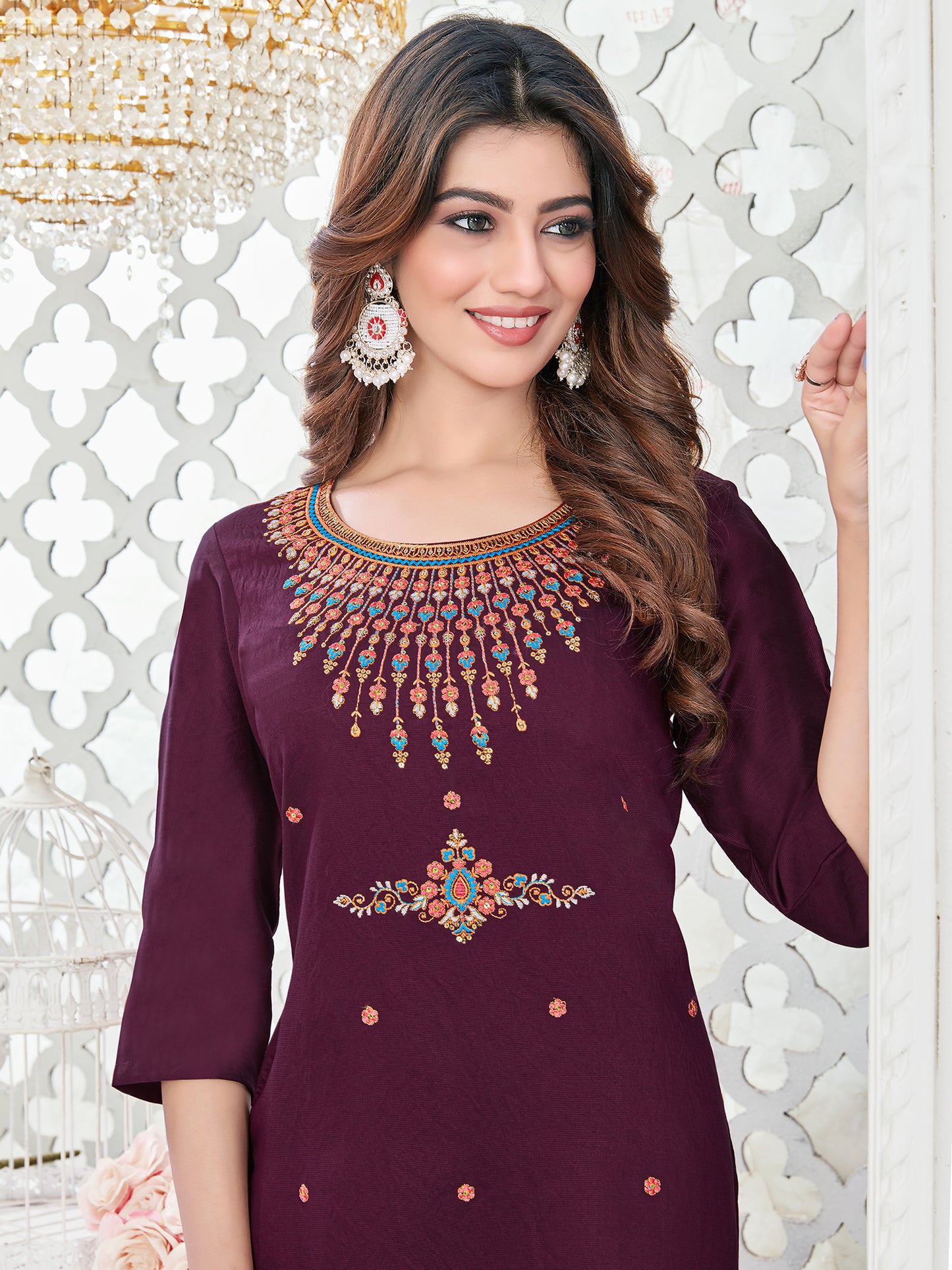 Wine Pure Viscose  Embroidery With Sequence Work Straight Kurtis