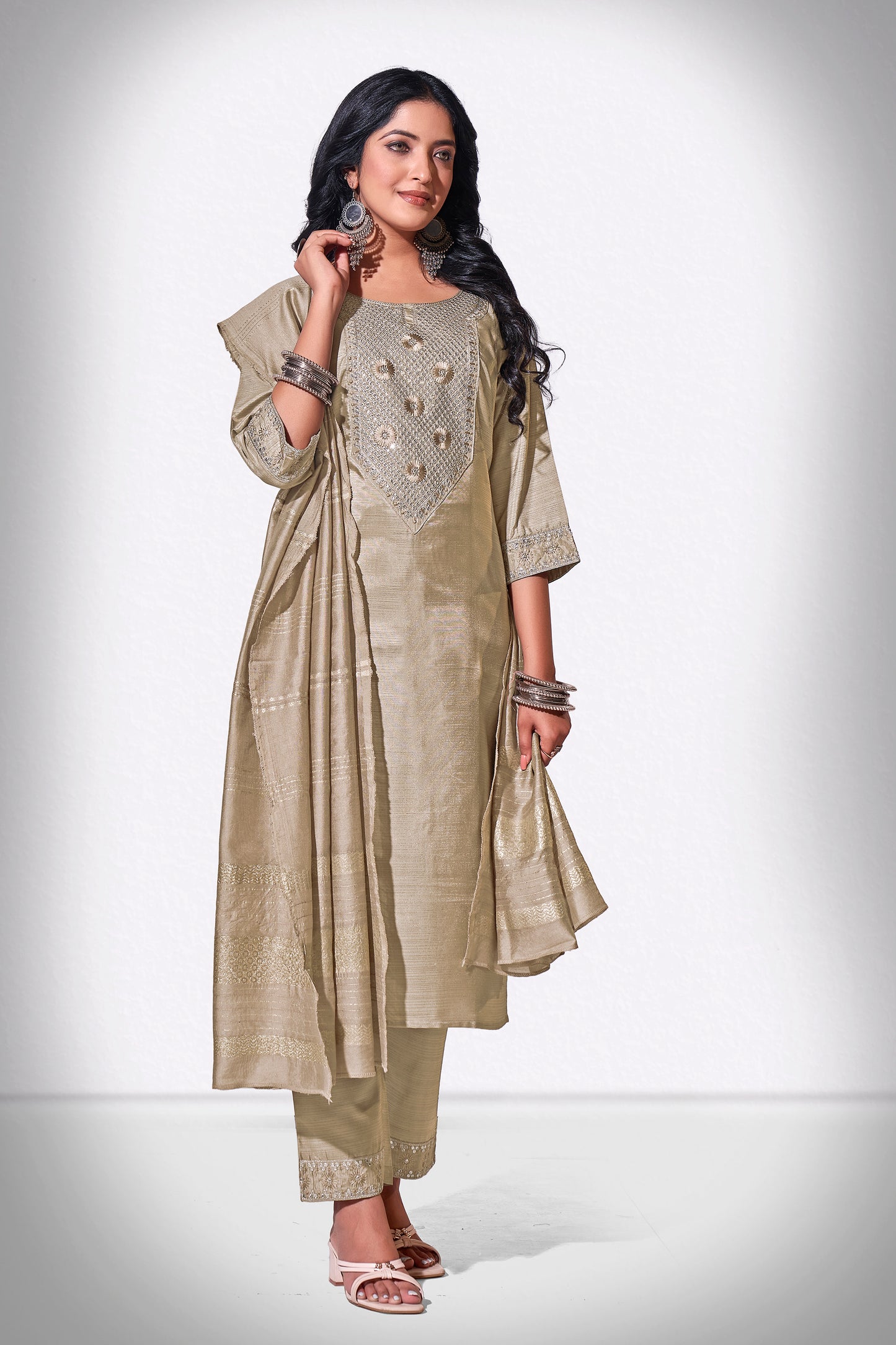 Mushroom Chitra Embroidered Kurti With Pant & Dupatta