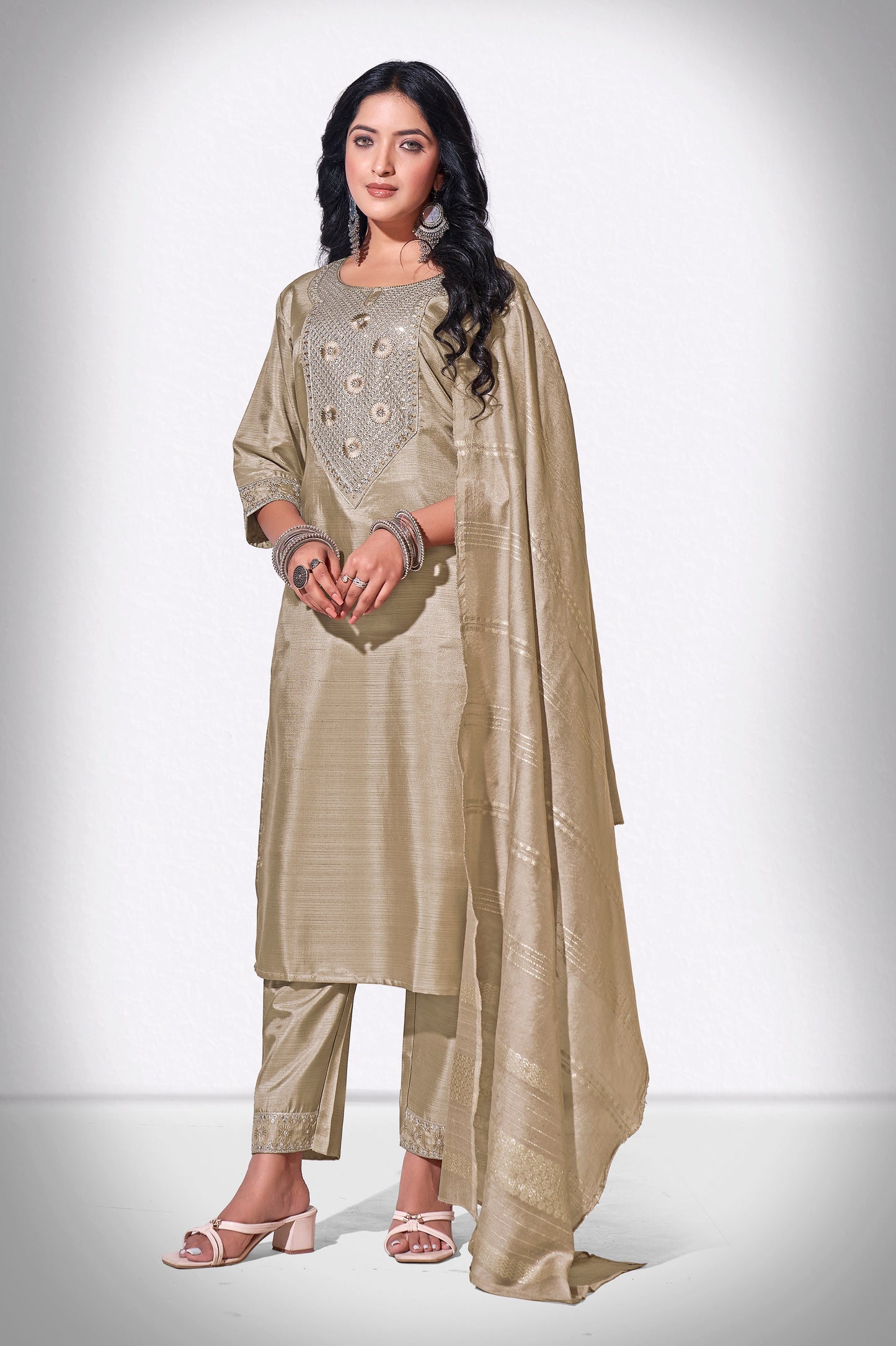 Mushroom Chitra Embroidered Kurti With Pant & Dupatta