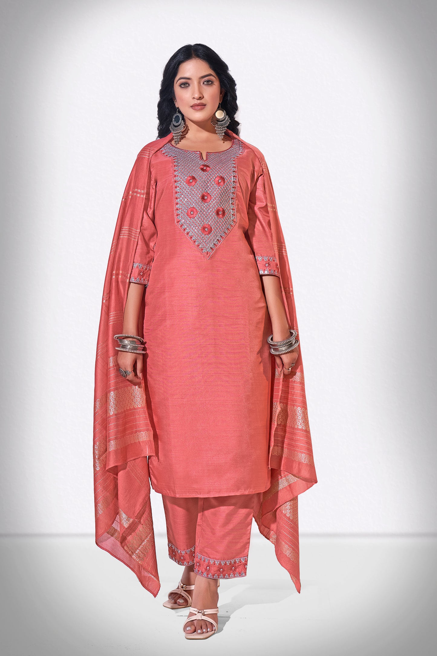 Light Carmine Pink Chitra Embroidered Kurti With Pant & Dupatta