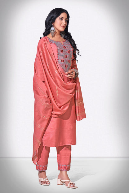 Light Carmine Pink Chitra Embroidered Kurti With Pant & Dupatta