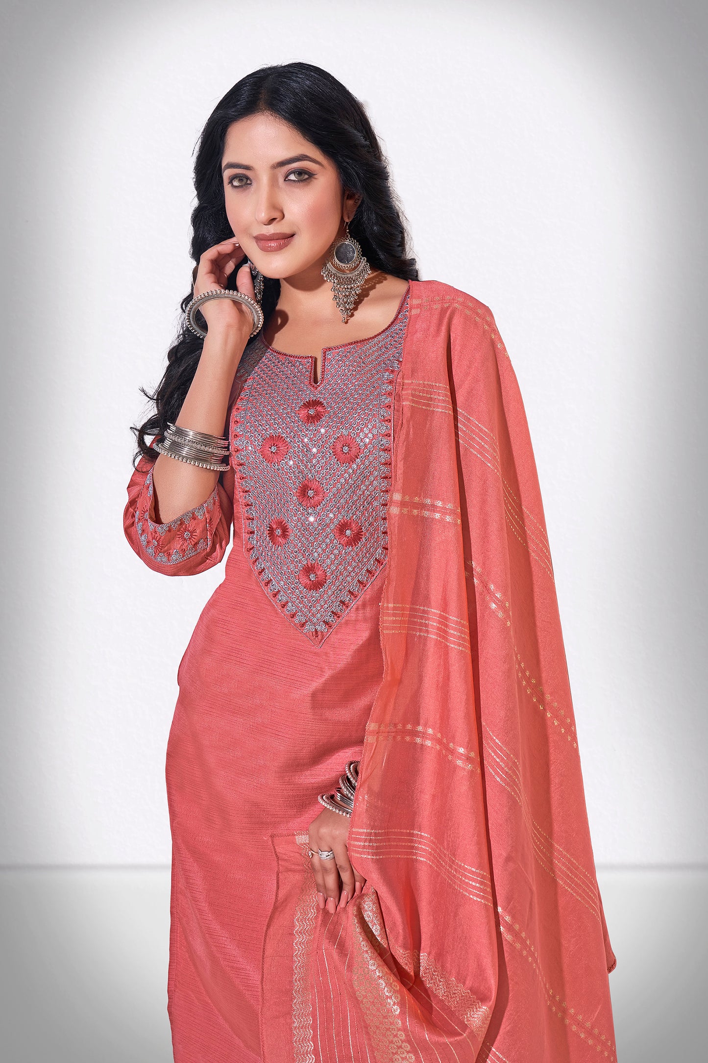 Light Carmine Pink Chitra Embroidered Kurti With Pant & Dupatta