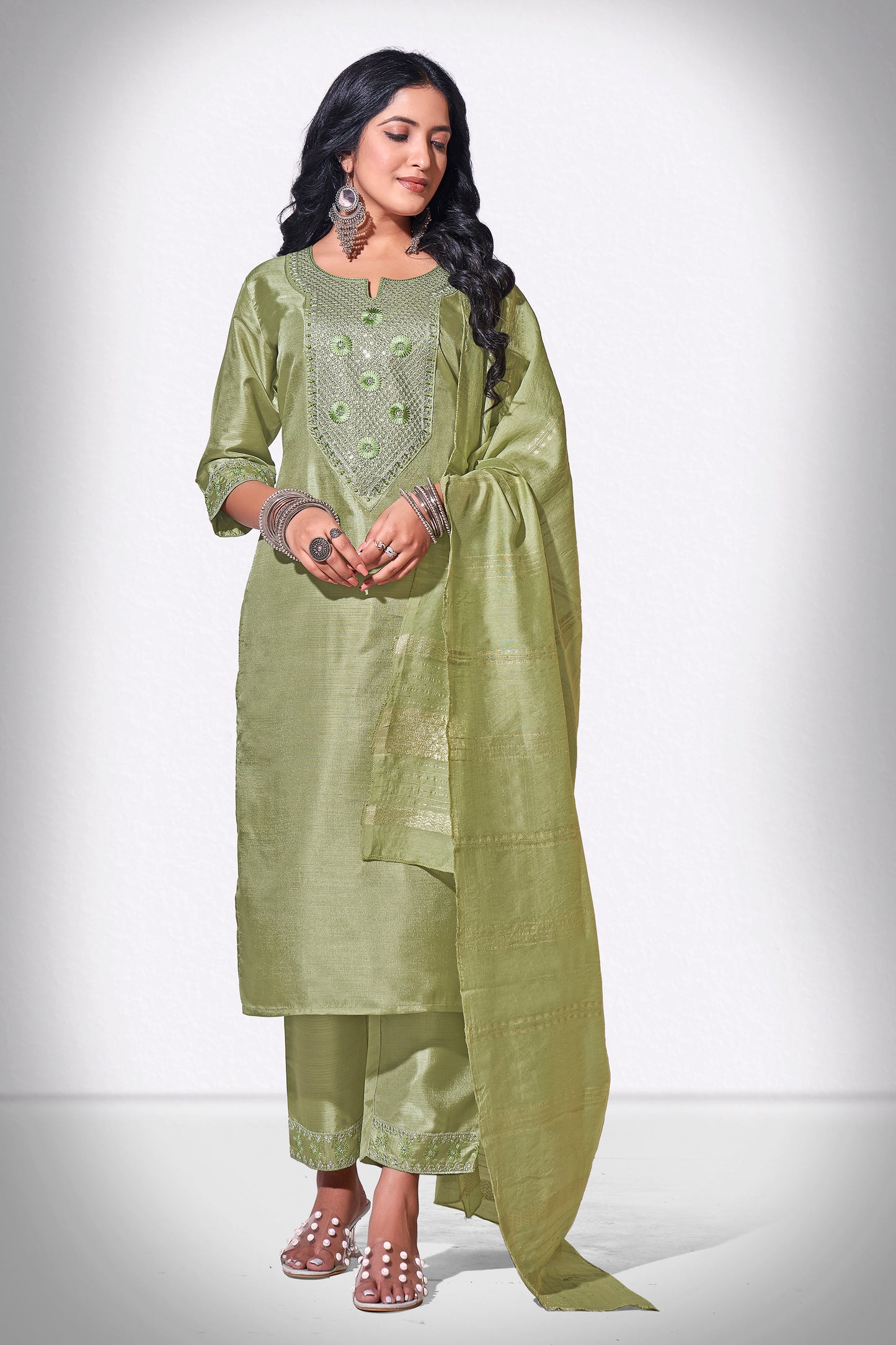 Green Chitra Embroidered Kurti With Pant & Dupatta