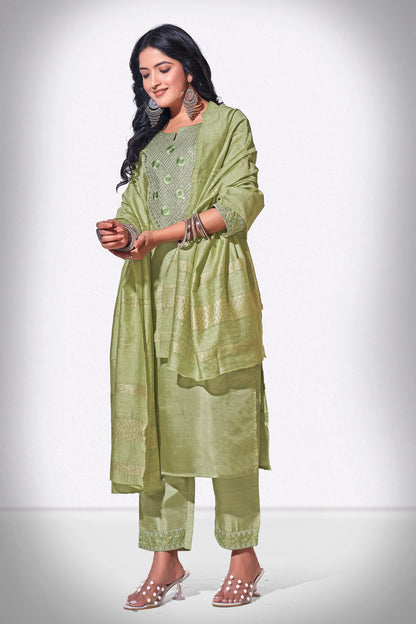 Green Chitra Embroidered Kurti With Pant & Dupatta