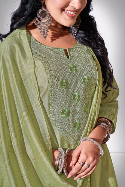 Green Chitra Embroidered Kurti With Pant & Dupatta