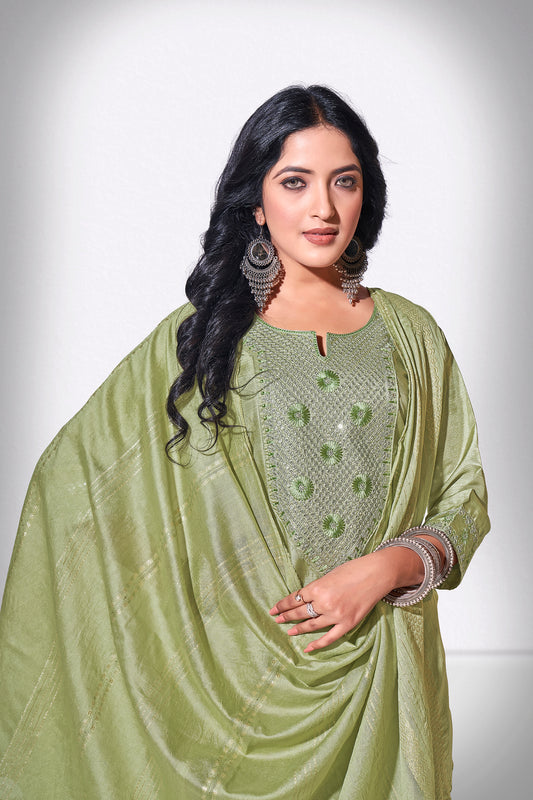 Green Chitra Embroidered Kurti With Pant & Dupatta