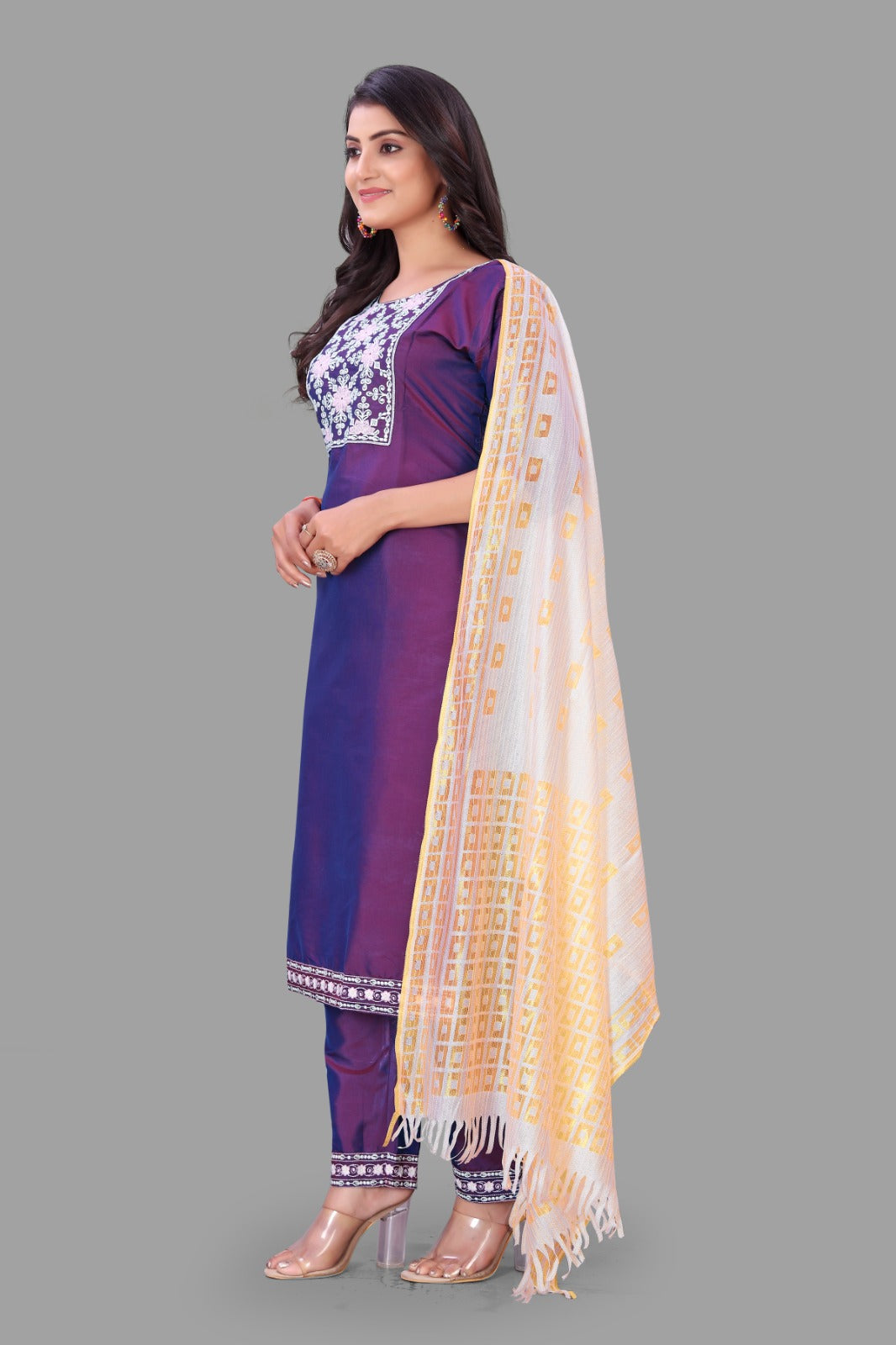 Purple Kurti Pant & Dupatta Set