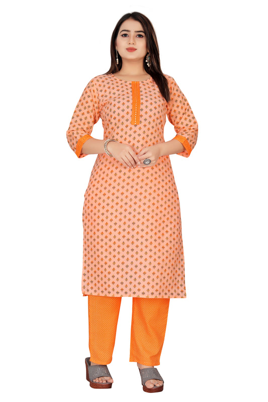 Orange  Embroidered Kurti & Pant set