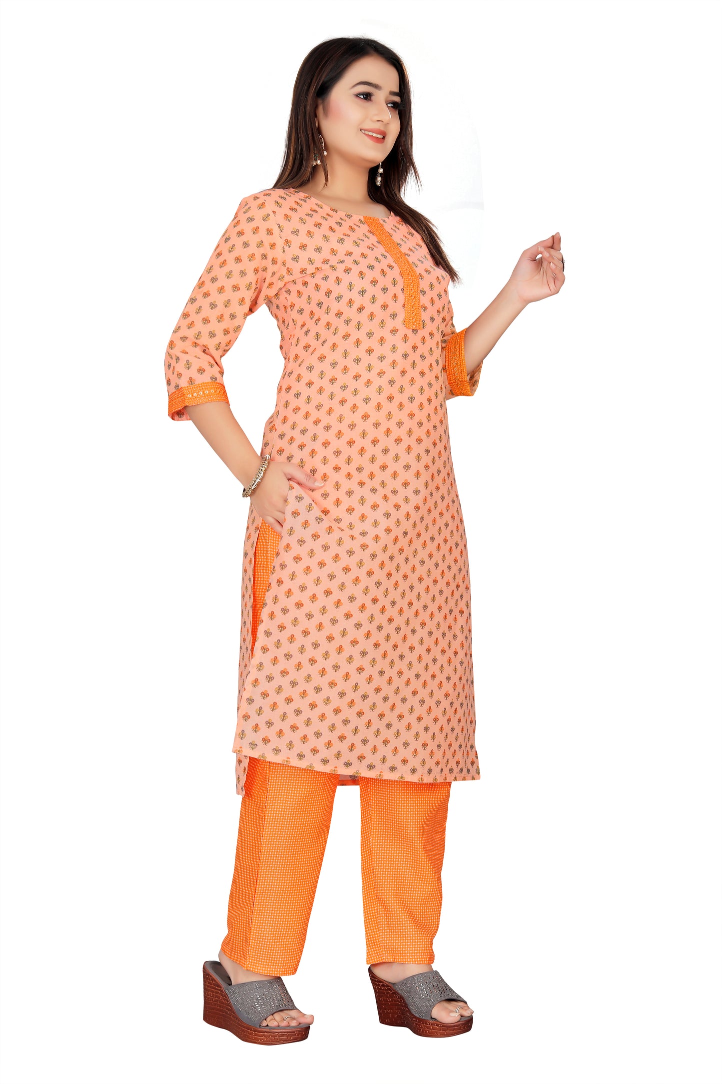 Orange  Embroidered Kurti & Pant set