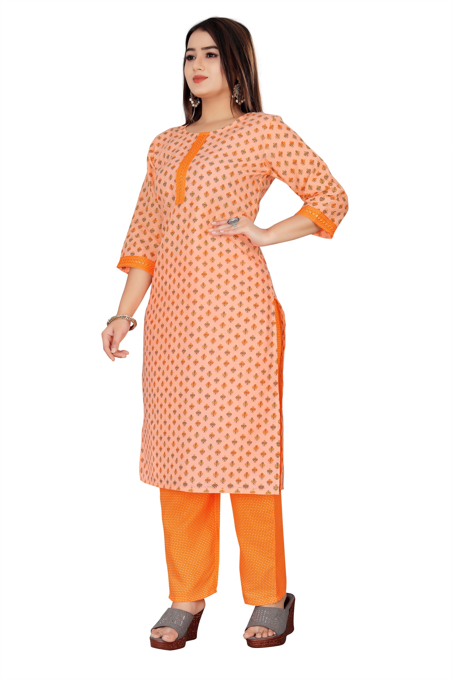 Orange  Embroidered Kurti & Pant set