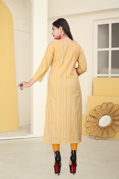 Yellow Cotten Kalindi Embroidered Kurti