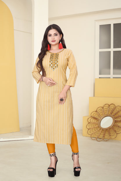 Yellow Cotten Kalindi Embroidered Kurti