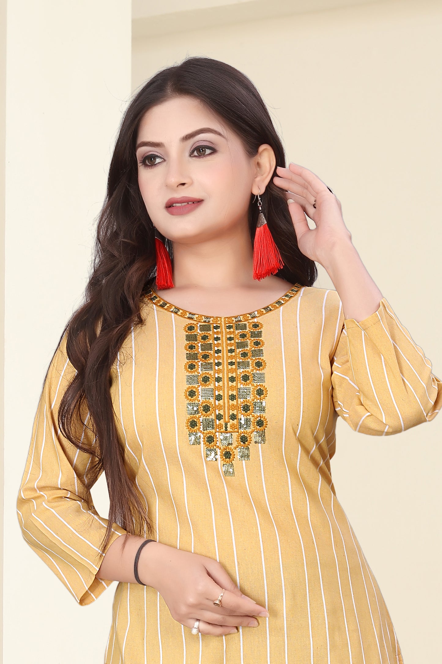 Yellow Cotten Kalindi Embroidered Kurti