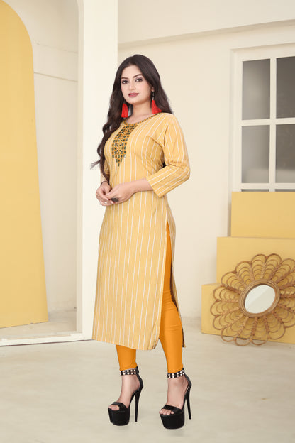 Yellow Cotten Kalindi Embroidered Kurti