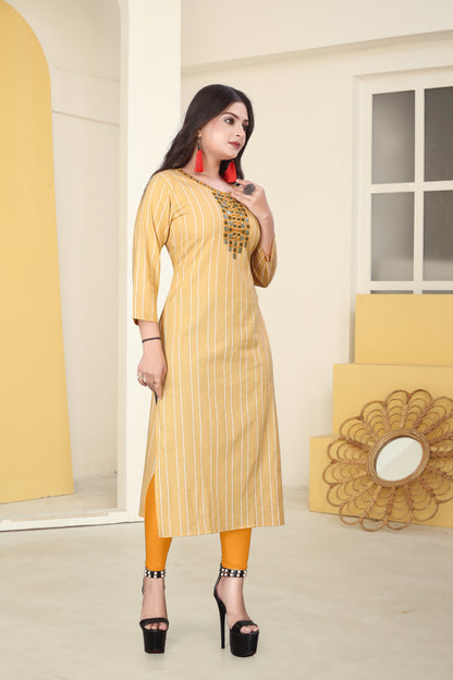 Yellow Cotten Kalindi Embroidered Kurti