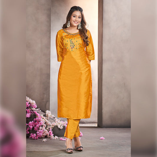 Mustard Sequence Embroidery Work Round Neck Kurti & Pant Set