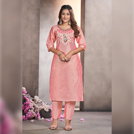 Pink Sequence Embroidery Work Round Neck Kurti & Pant Set