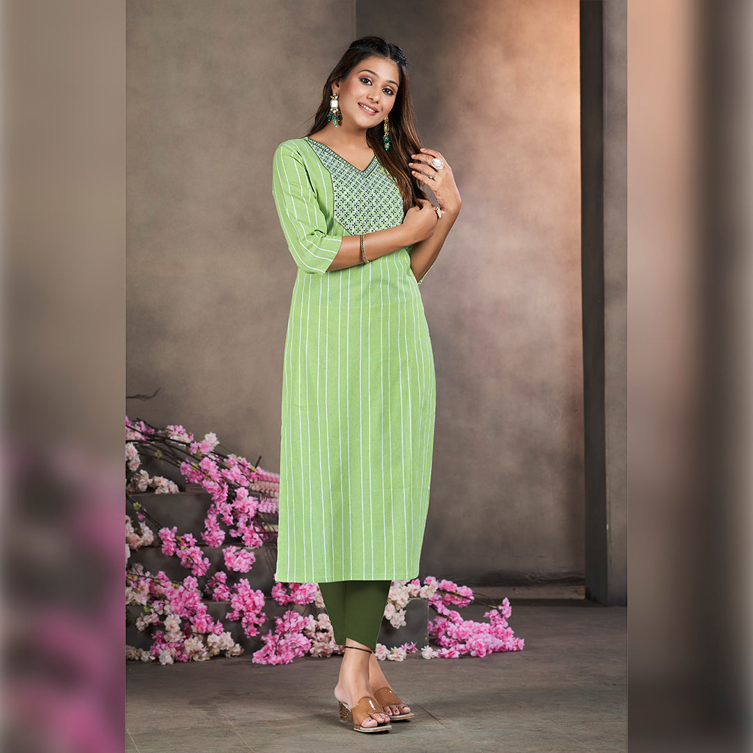 Pistachio Green Cotten kalindi Embroidered Kurti