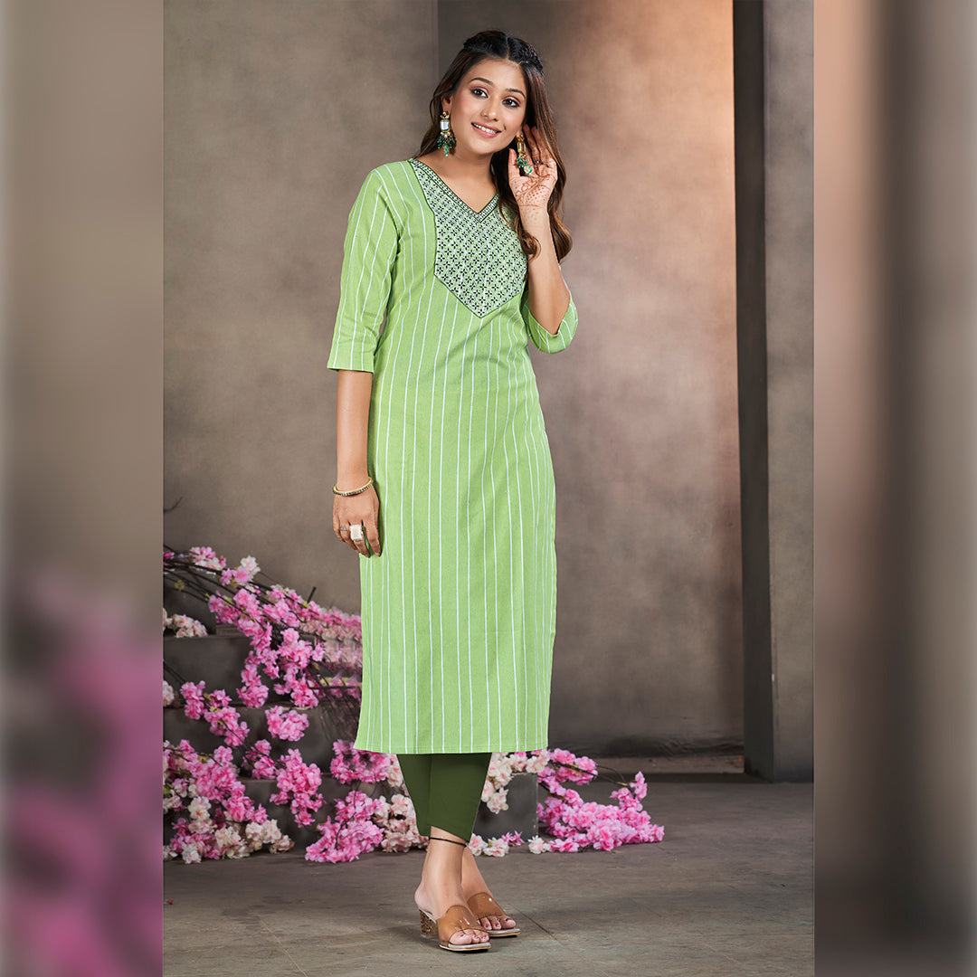 Pistachio Green Cotten kalindi Embroidered Kurti