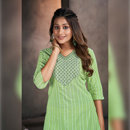 Pistachio Green Cotten kalindi Embroidered Kurti