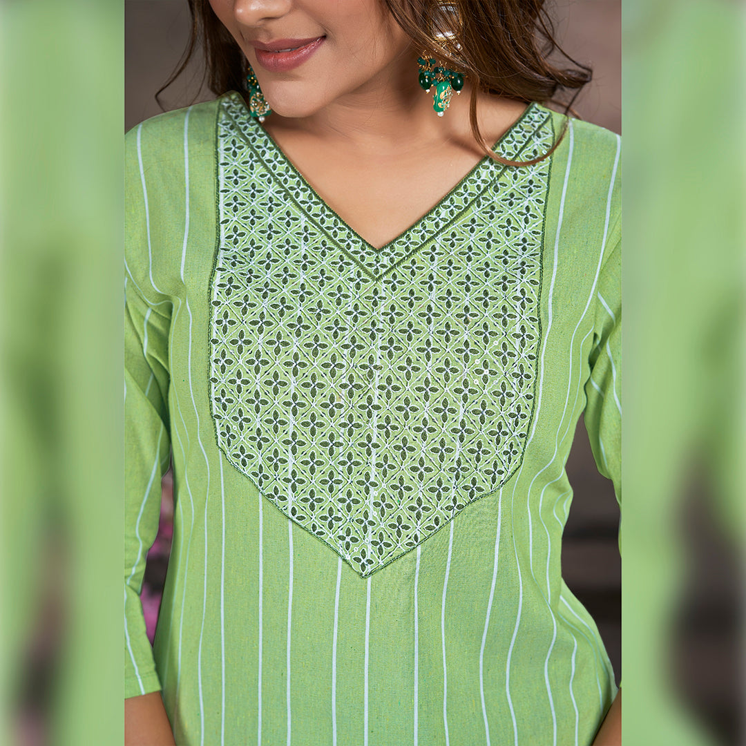 Pistachio Green Cotten kalindi Embroidered Kurti