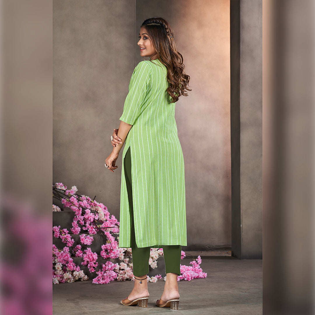 Pistachio Green Cotten kalindi Embroidered Kurti