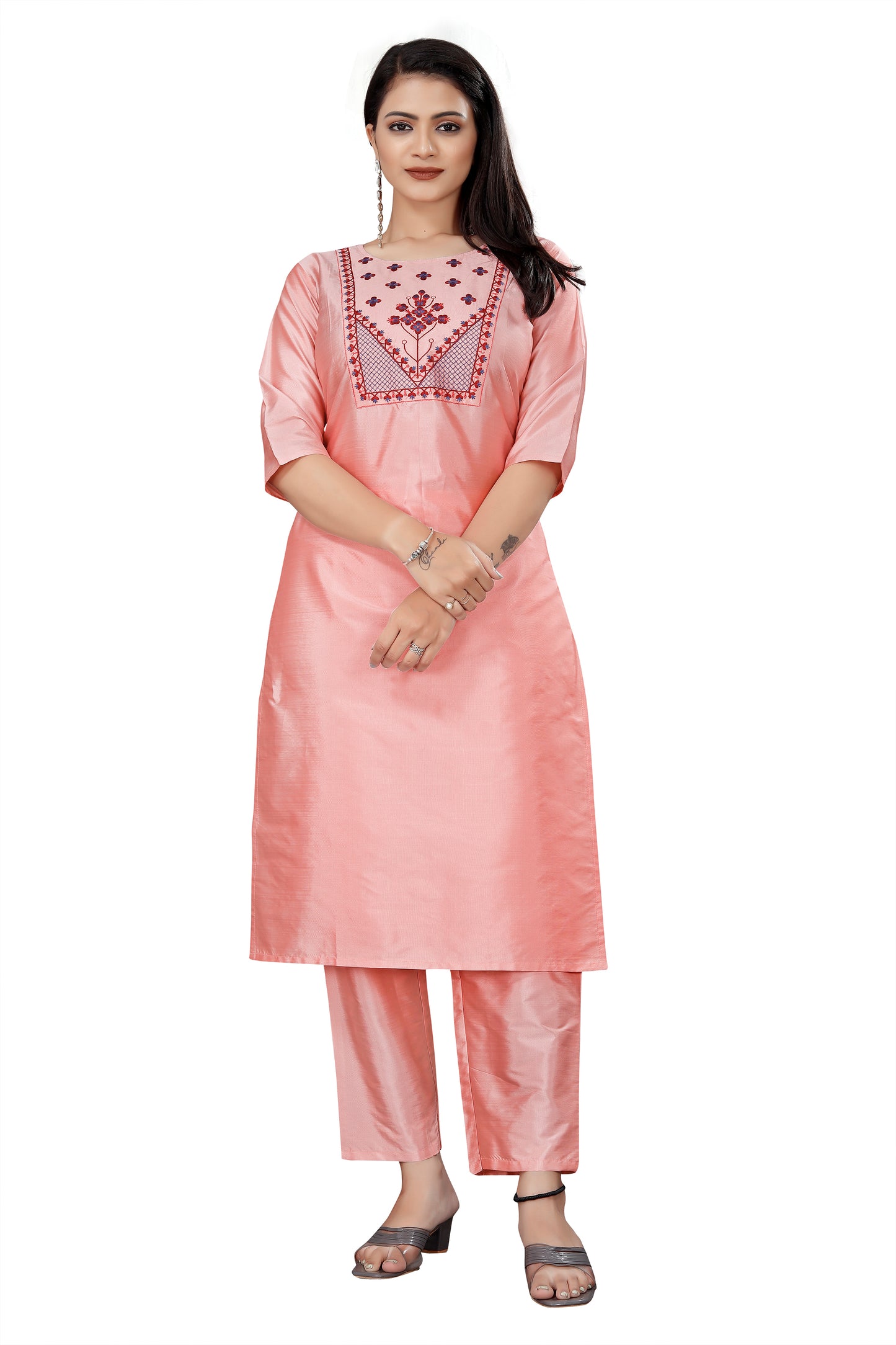 Women's fancy Pink Sequence Embroidery Work Round Neck Kurti & Pant Set