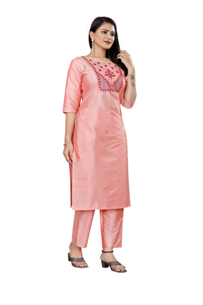 Women's fancy Pink Sequence Embroidery Work Round Neck Kurti & Pant Set