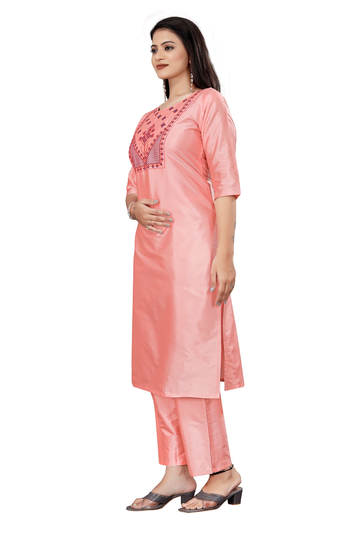 Women's fancy Pink Sequence Embroidery Work Round Neck Kurti & Pant Set