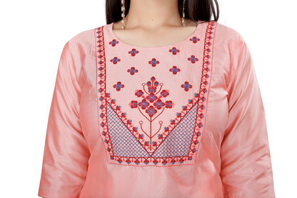 Women's fancy Pink Sequence Embroidery Work Round Neck Kurti & Pant Set