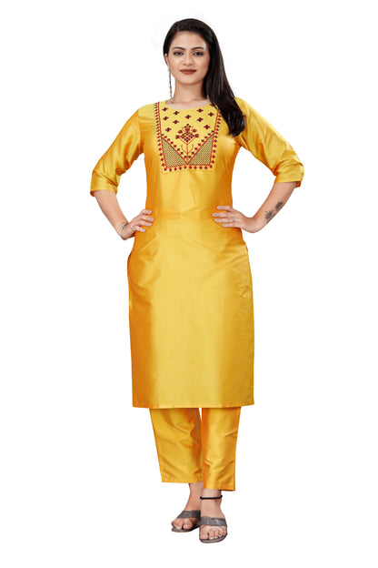 Women's fancy Yellow Sequence Embroidery Work Round Neck Kurti & Pant Set