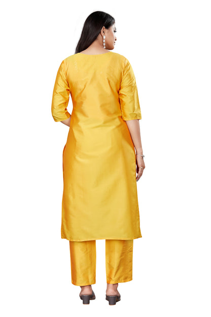 Women's fancy Yellow Sequence Embroidery Work Round Neck Kurti & Pant Set