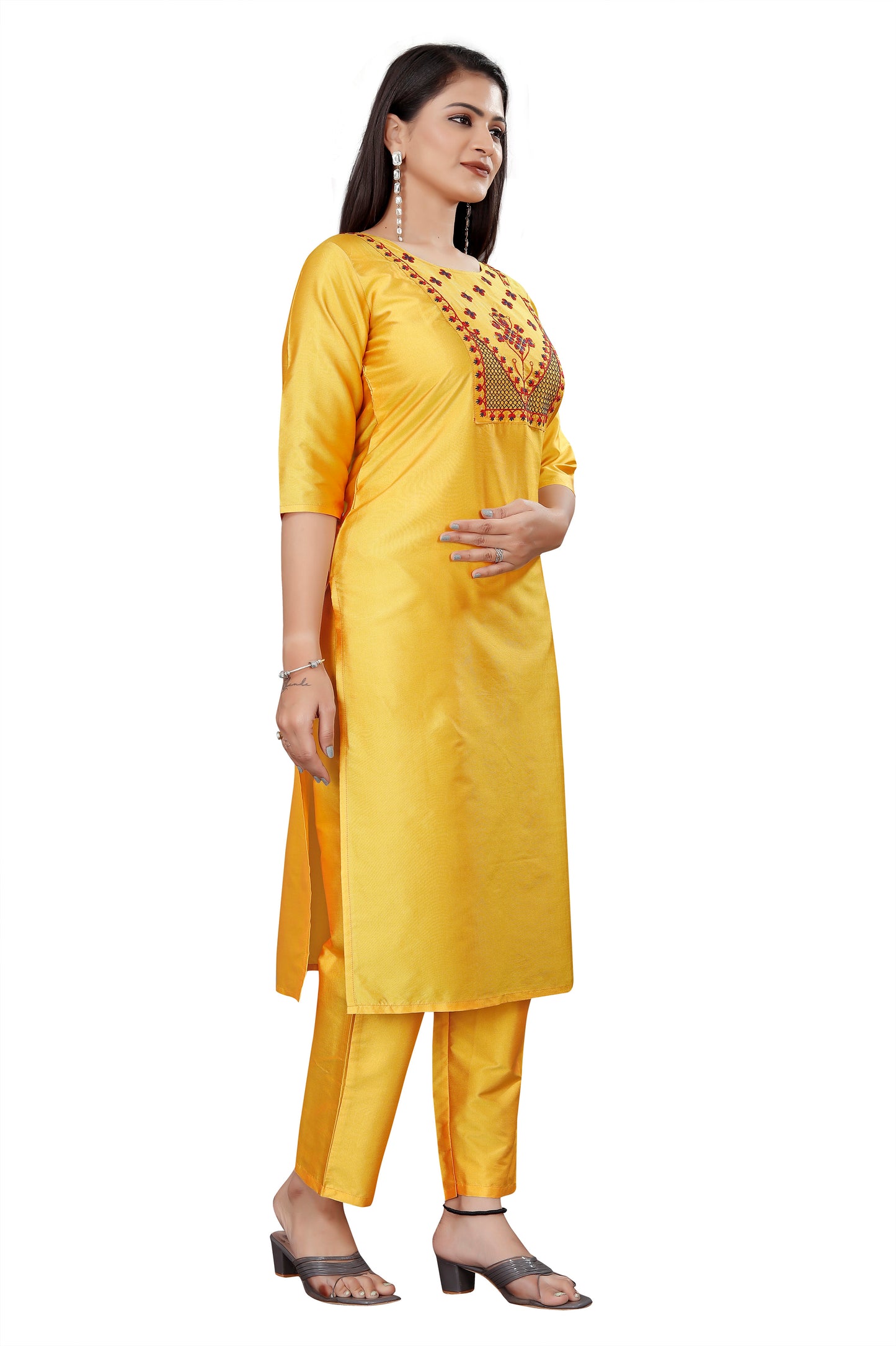 Women's fancy Yellow Sequence Embroidery Work Round Neck Kurti & Pant Set