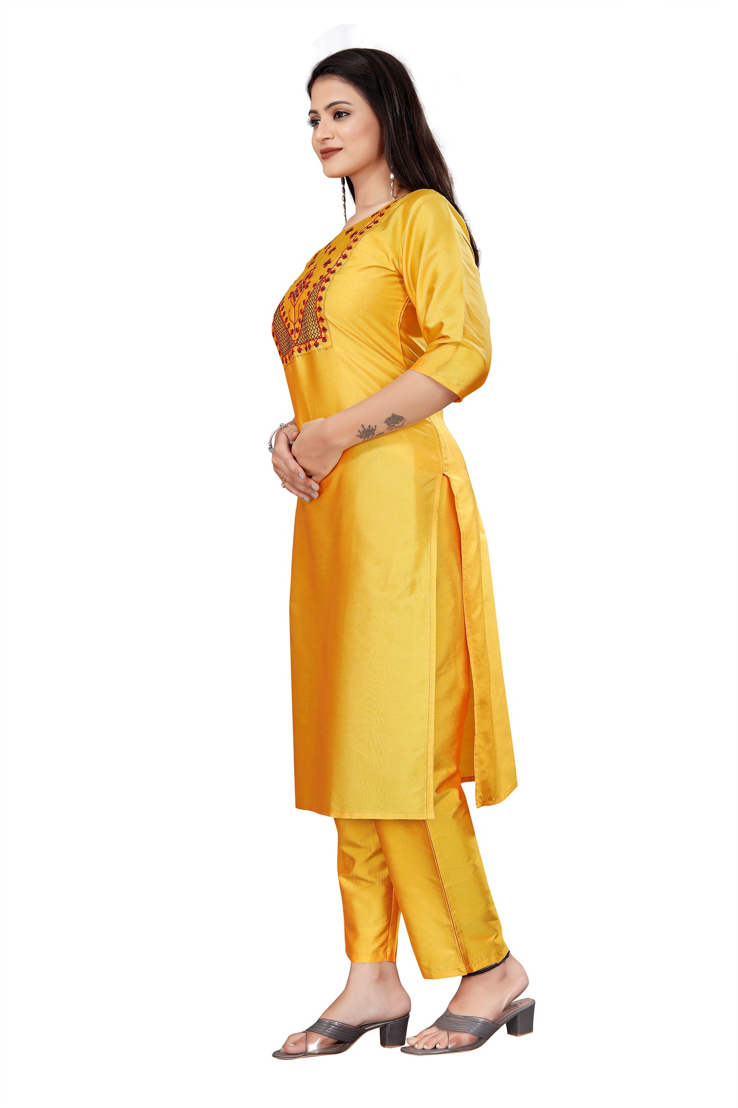 Women's fancy Yellow Sequence Embroidery Work Round Neck Kurti & Pant Set