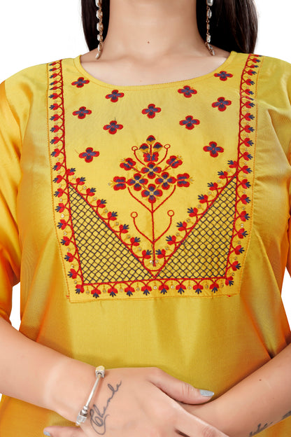 Women's fancy Yellow Sequence Embroidery Work Round Neck Kurti & Pant Set