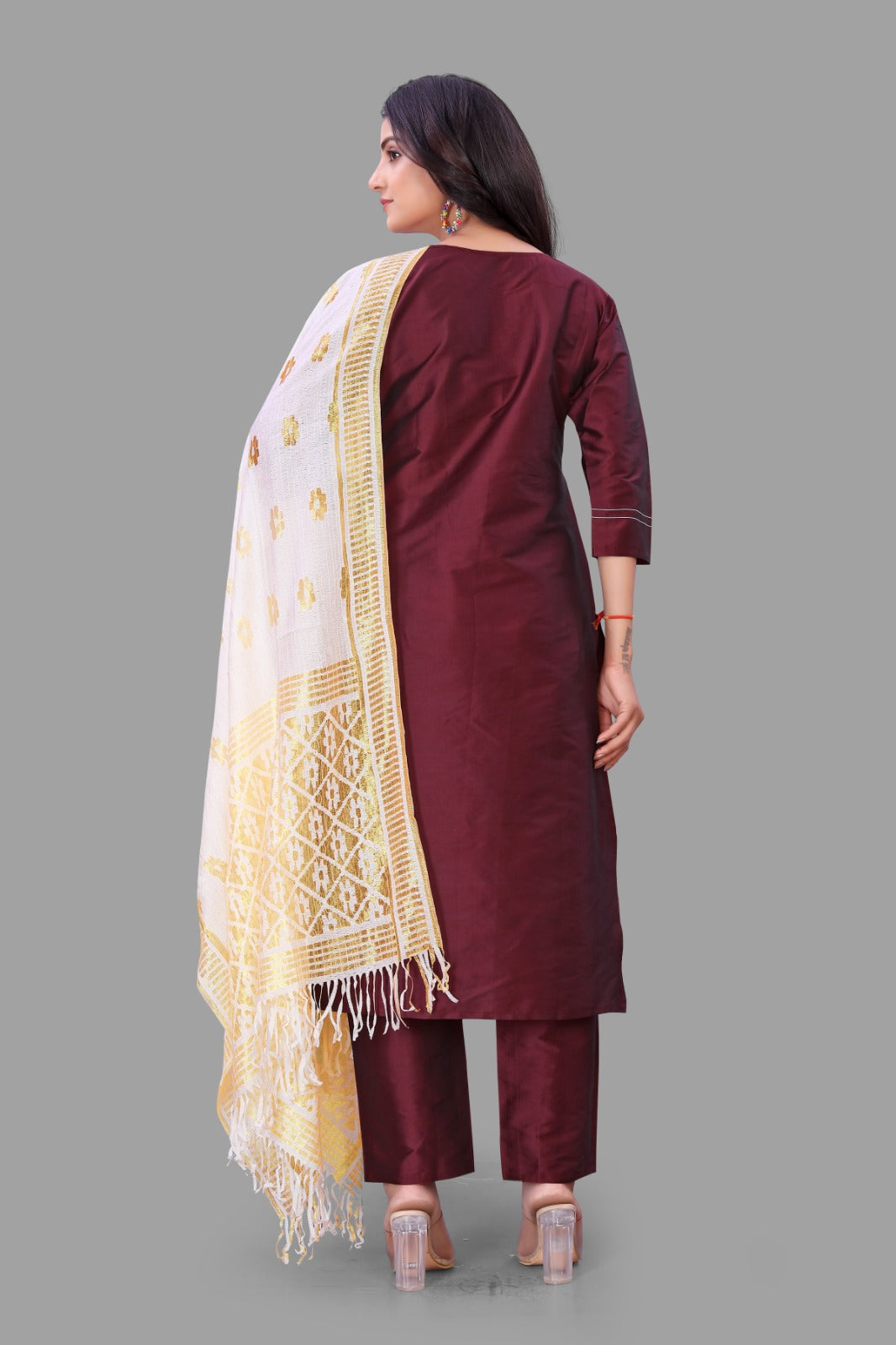 Maroon Embroidered Kurti With Pant & Dupatta