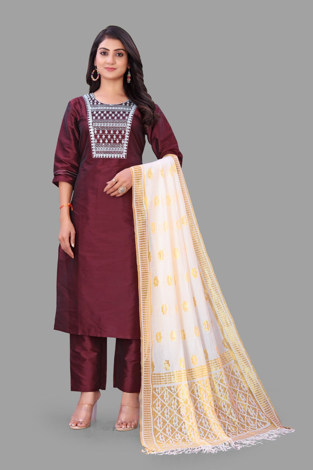 Maroon Embroidered Kurti With Pant & Dupatta