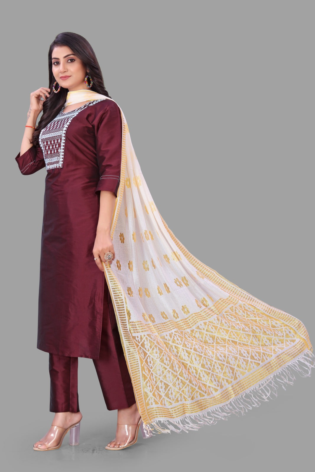 Maroon Embroidered Kurti With Pant & Dupatta