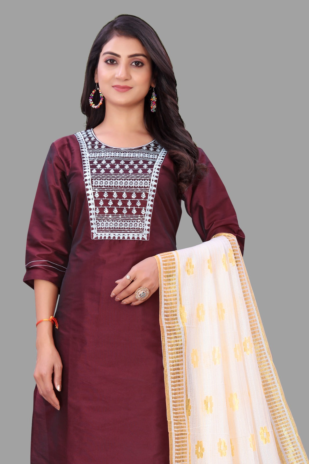 Maroon Embroidered Kurti With Pant & Dupatta