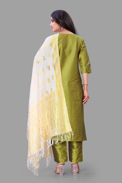 Mehendi Embroidered Kurti With Pant & Dupatta